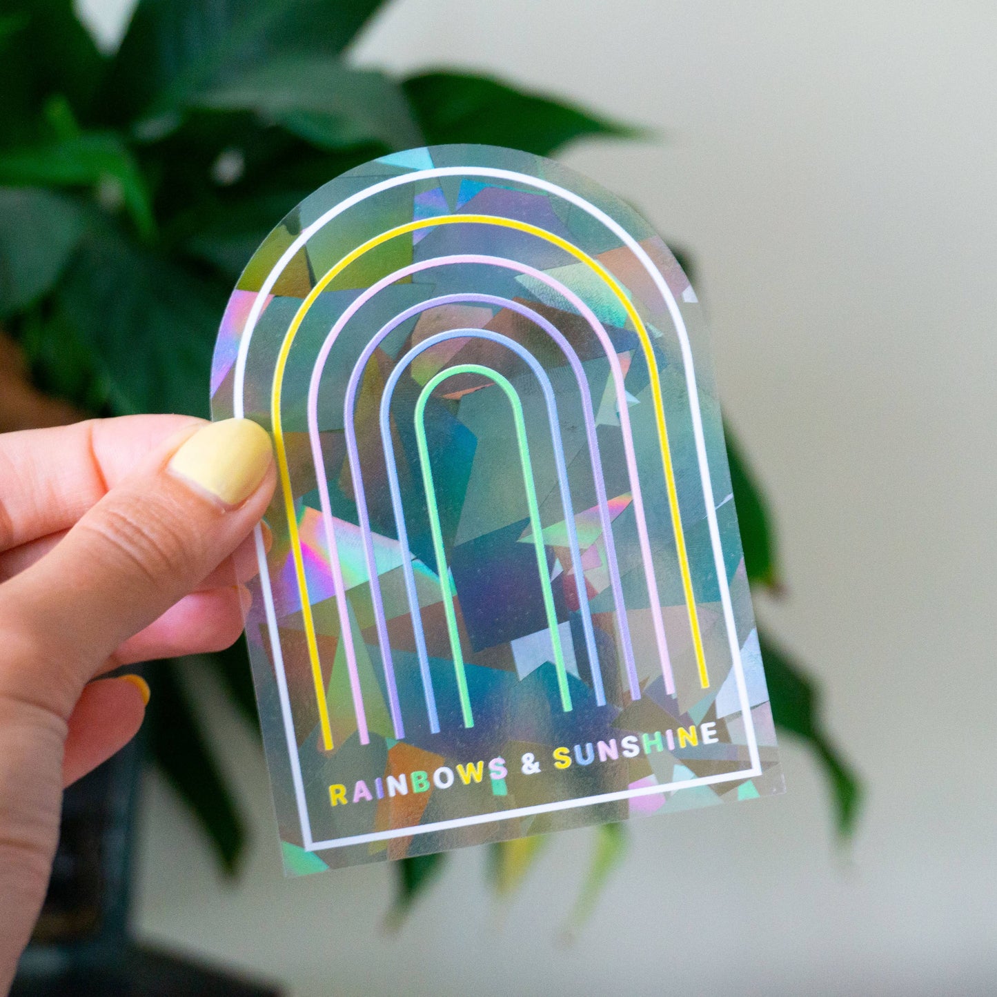 Sonnenfänger-Sticker von Laufkleber, in einer Hand gehalten, mit schimmernden Farben, die das Licht in Regenbogenfarben reflektieren. Perfekt für Fenster und kreative Dekoideen.